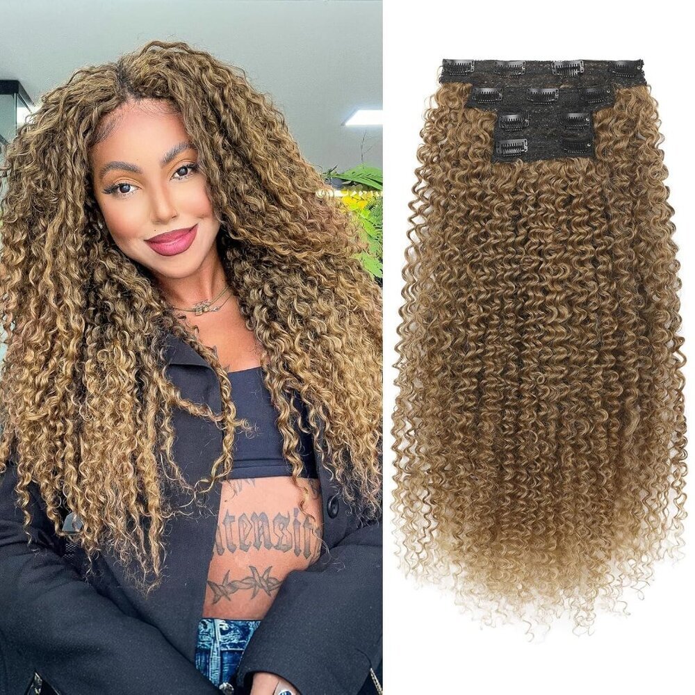 Clip in Hair Extensions Synthetic 20" Curly Long Soft Dark Blonde to Brown